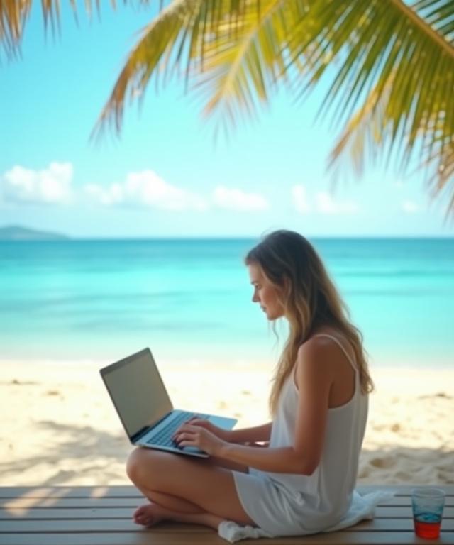 Digital nomad working on laptop at beachside workspace